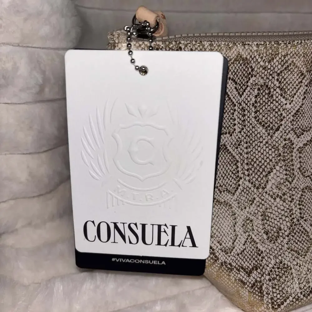 NWT Consuela Leah Large Tool Kit Cosmetic Bag Gold Metallic Snake Print